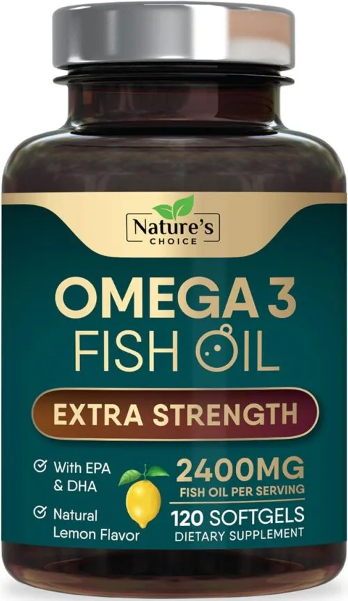 Omega 3 Extra Strength – 2400 mg Aceite de Pescado con EPA y DHA | 120 cápsulas blandas | Sabor limón natural – Nature’s Choice