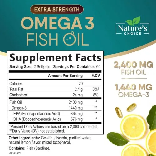 Omega 3 Extra Strength – 2400 mg Aceite de Pescado con EPA y DHA | 120 cápsulas blandas | Sabor limón natural – Nature’s Choice - Imagen 3