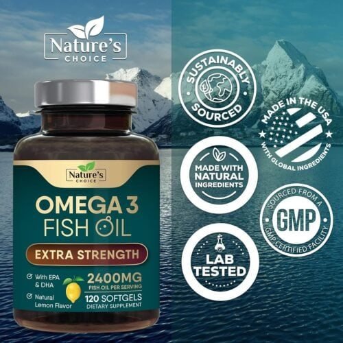 Omega 3 Extra Strength – 2400 mg Aceite de Pescado con EPA y DHA | 120 cápsulas blandas | Sabor limón natural – Nature’s Choice - Imagen 2