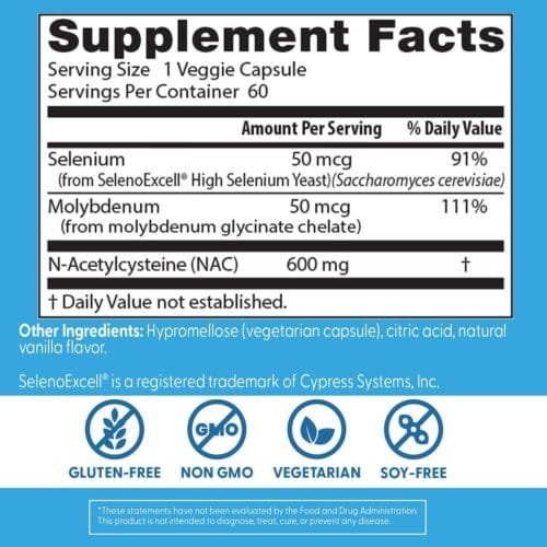 N-Acetil Cisteína 600 mg + Selenio y Molibdeno | Detox, SOP, Fertilidad & Función Hepática | 60 cápsulas vegetales – Doctor’s Best - Imagen 2