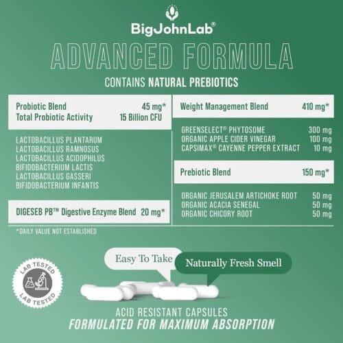 Probiótico Adelgazante con Prebióticos – 15 mil millones UFC, 6 cepas, control de peso y metabolismo | BigJohnLab – 30 cápsulas vegetarianas - Imagen 5