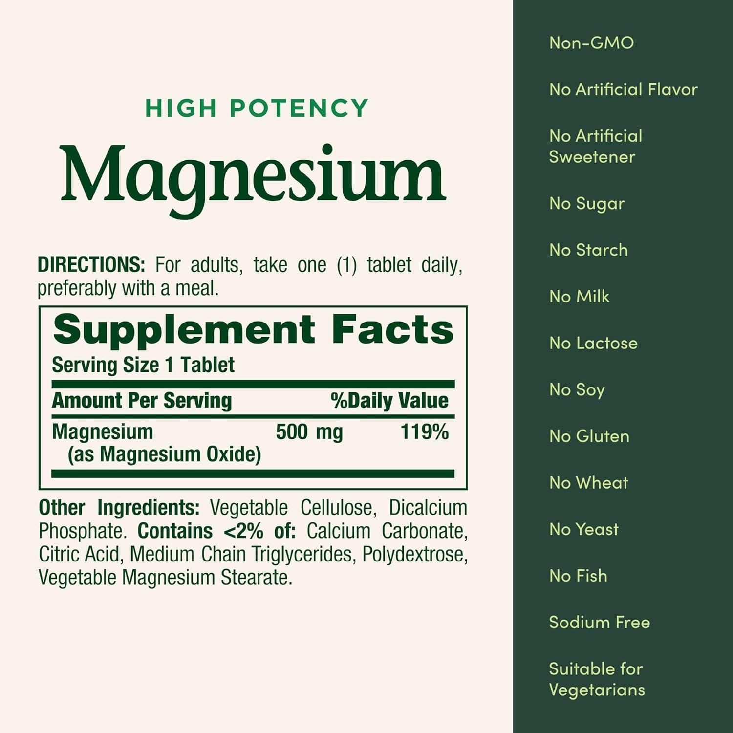 Magnesio 500 mg – Alta Potencia 500 mg | 100 tabletas | Sin gluten, sin lácteos, sin soya - Imagen 3