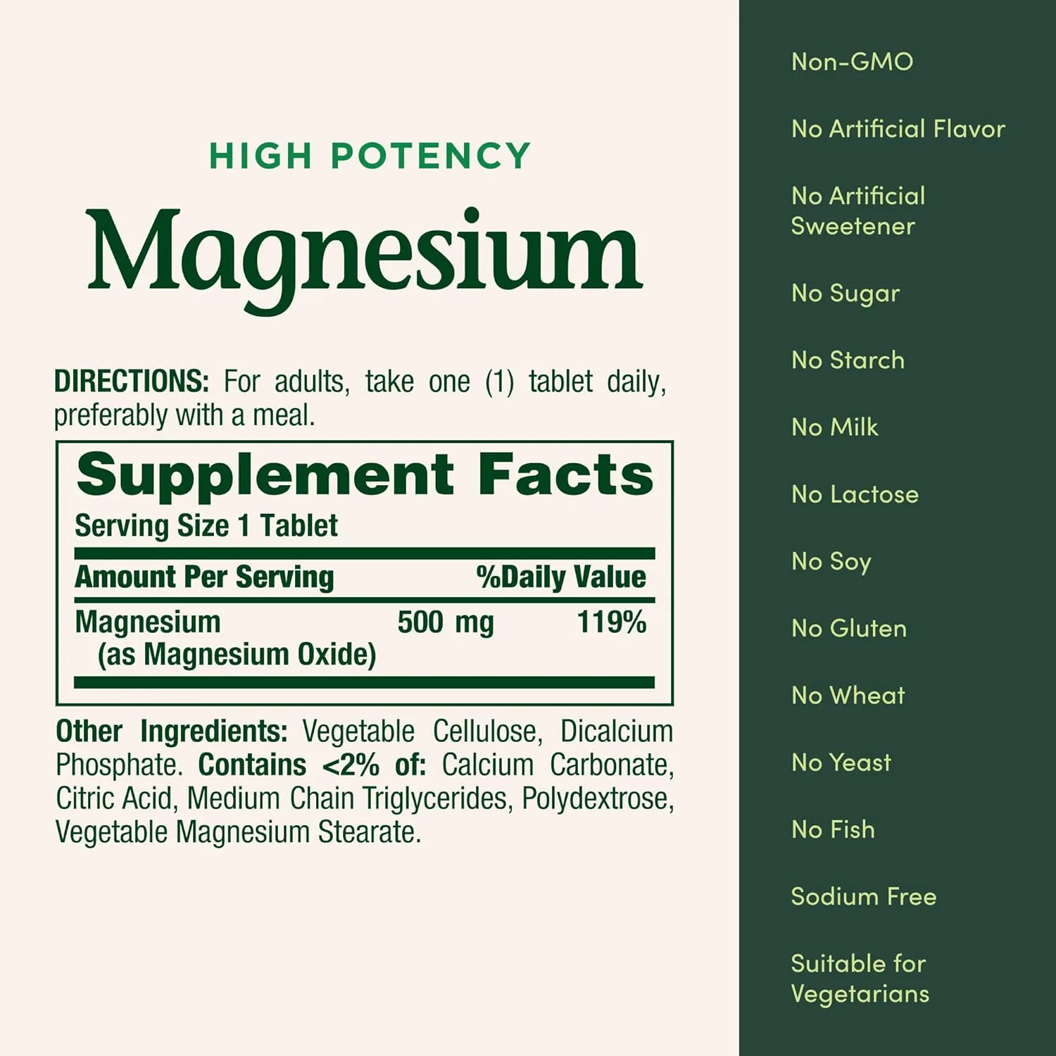 Magnesio 500 mg – Alta Potencia 500 mg | 100 tabletas | Sin gluten, sin lácteos, sin soya - Imagen 3