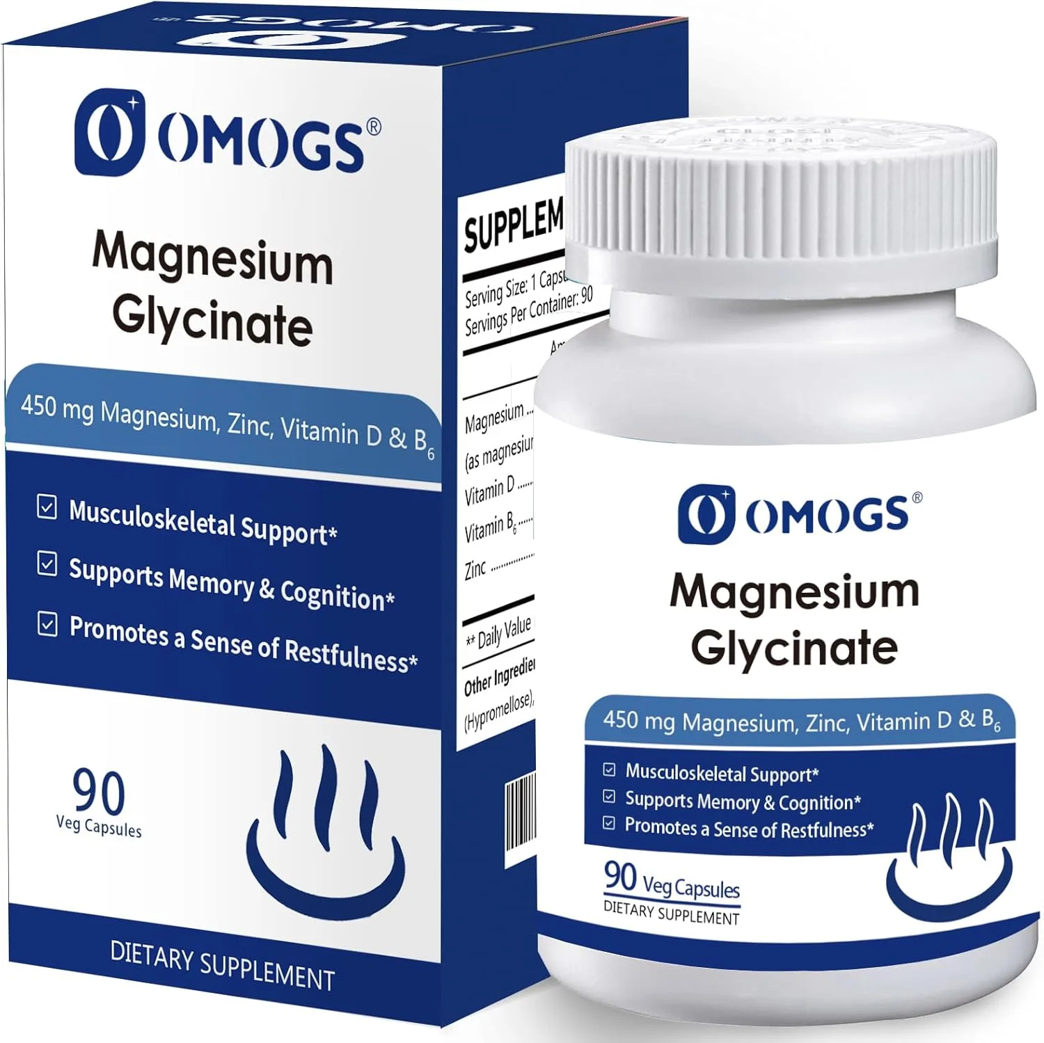 Magnesio Bisglicinato 450 mg + Vitamina D, B6 y Zinc | Sueño, relajación muscular, ánimo y función neuromuscular | 90 cápsulas veganas