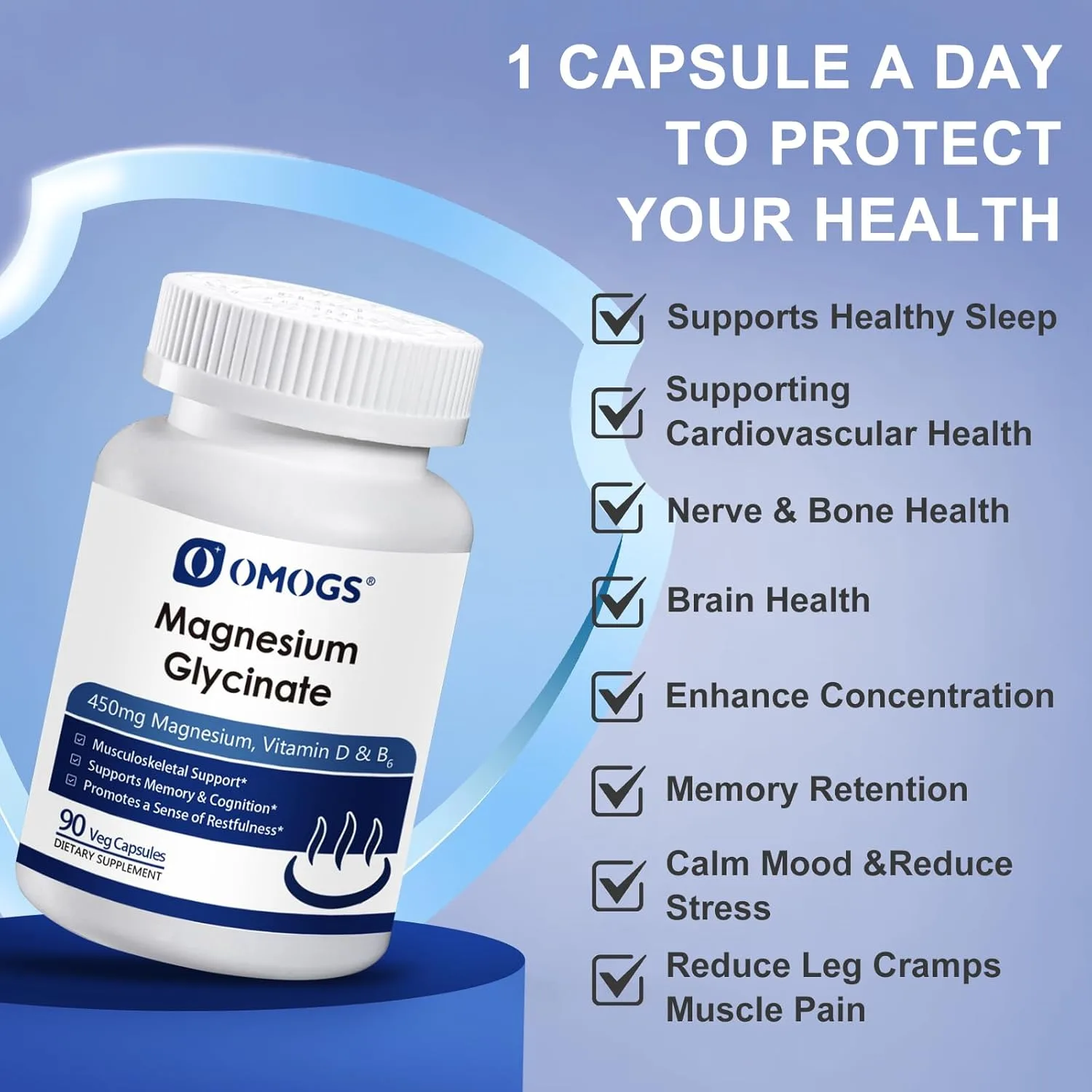 Magnesio Bisglicinato 450 mg + Vitamina D, B6 y Zinc | Sueño, relajación muscular, ánimo y función neuromuscular | 90 cápsulas veganas - Imagen 3