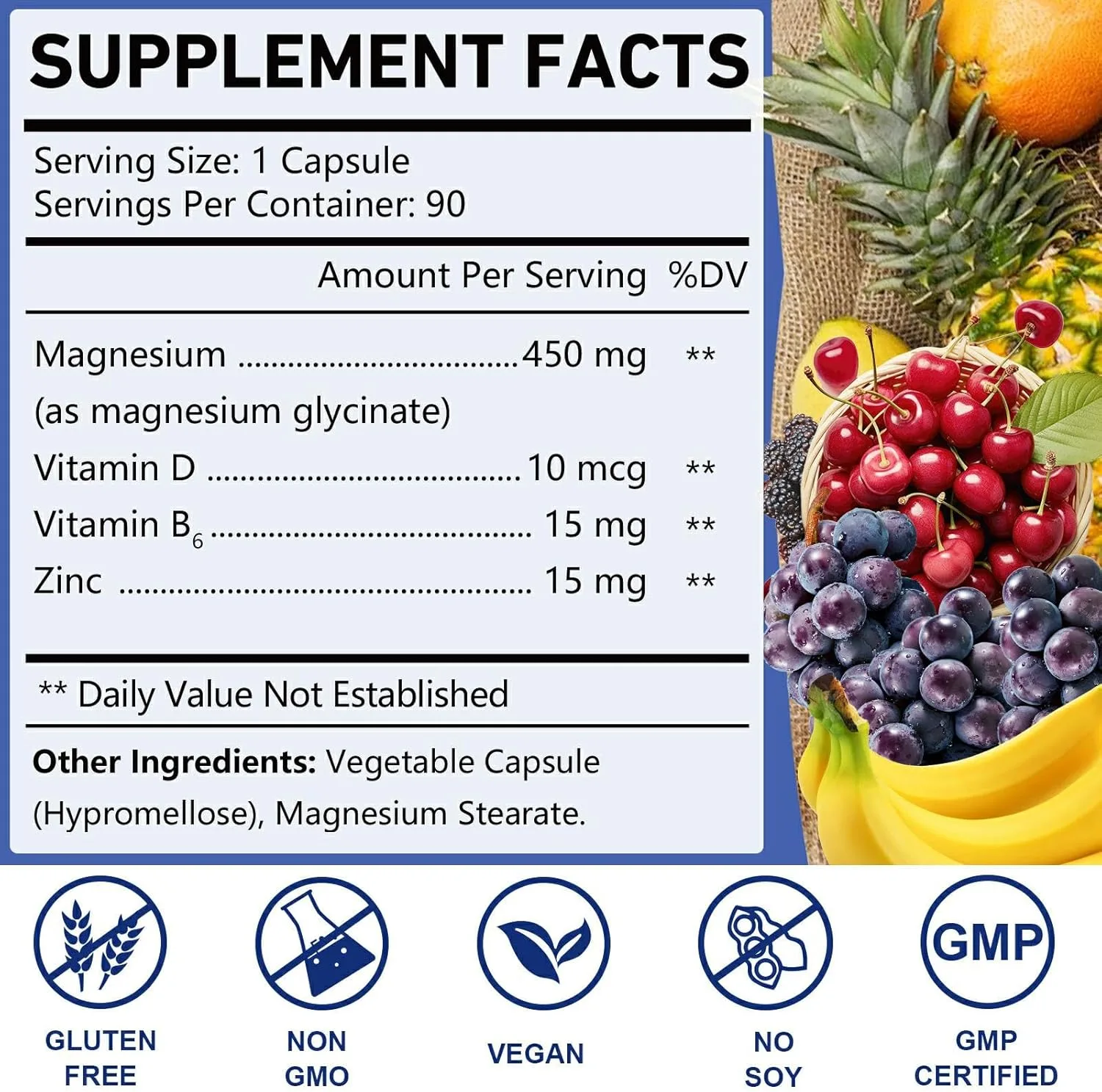 Magnesio Bisglicinato 450 mg + Vitamina D, B6 y Zinc | Sueño, relajación muscular, ánimo y función neuromuscular | 90 cápsulas veganas - Imagen 2